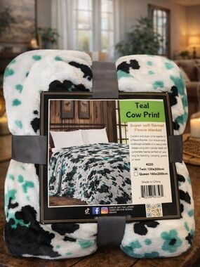 Teal Cow Print Flannel Fleece Blanket – Soft Plush Throw